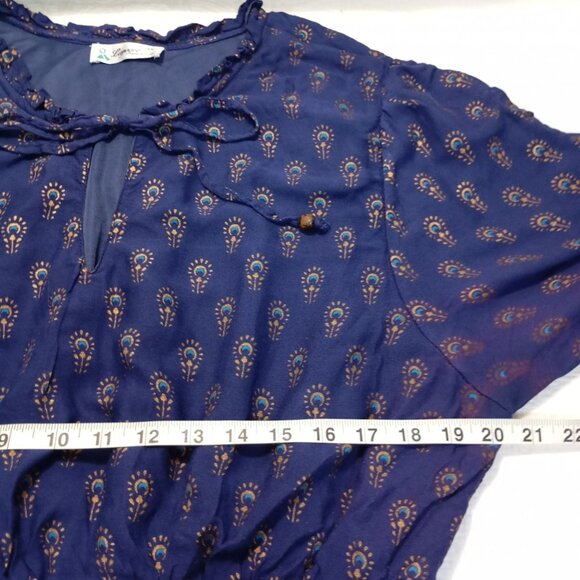 Lapogee Midi Dress Womens Boho 3X Blue Gold Teal Print Elastic Waist Tie Neck - Picture 11 of 11